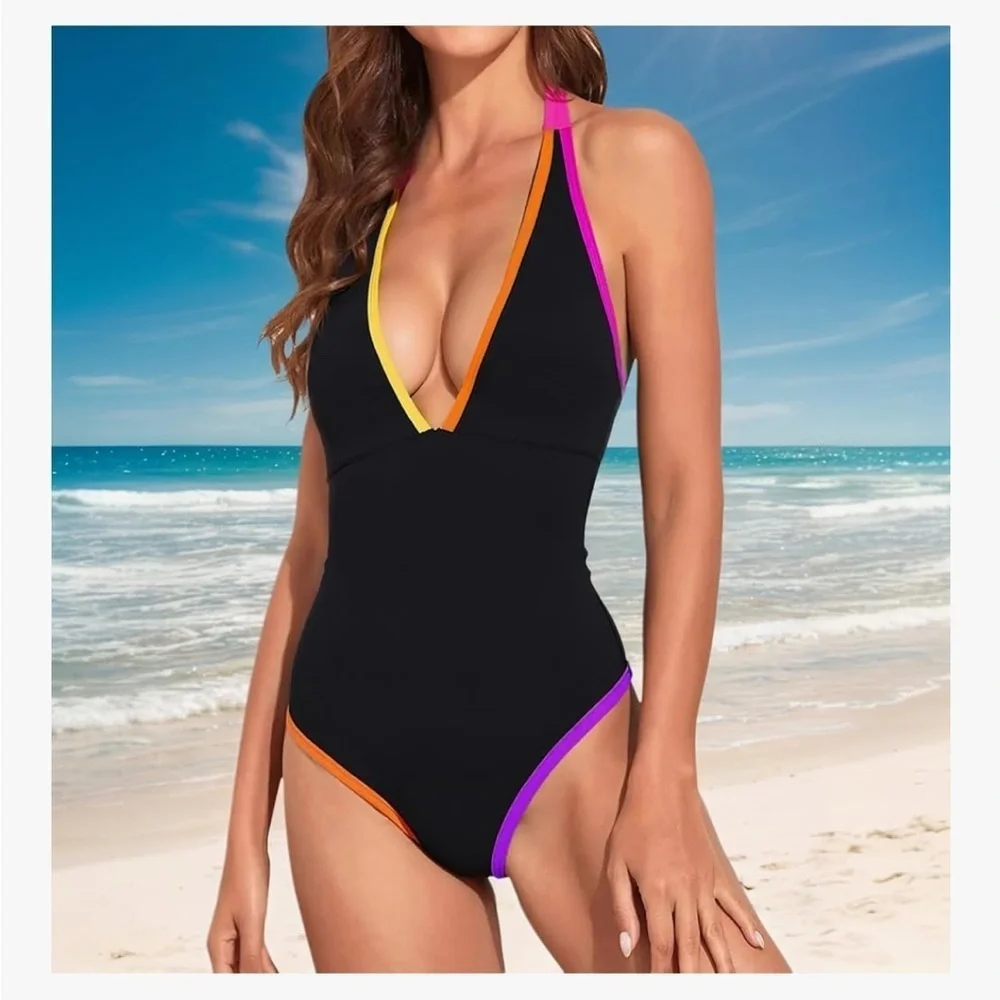 🆕 Black Multicolor Trim One-Piece V-Neck Black Swimsuit